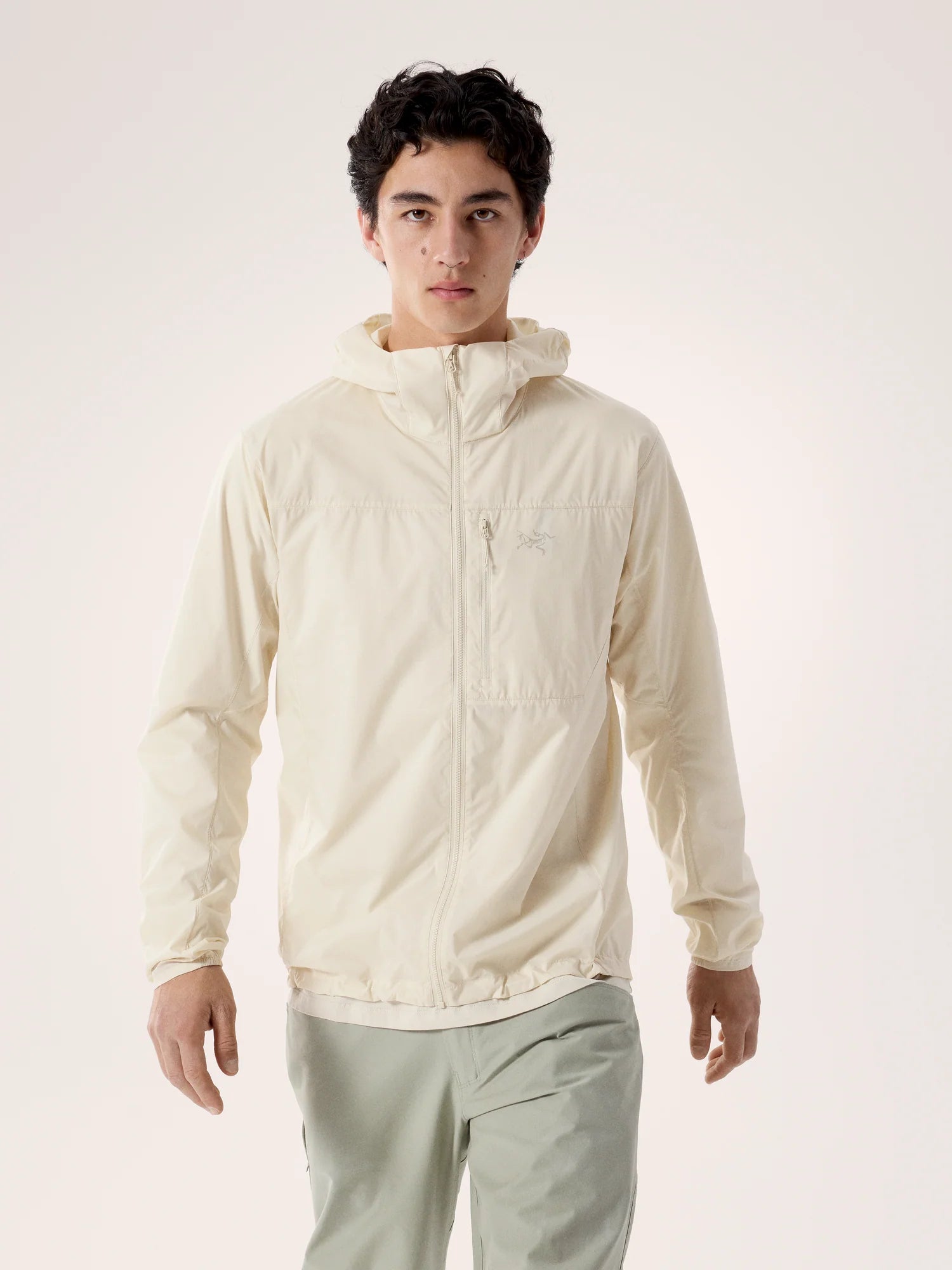 Person wearing a light-colored jacket on a plain background - Arc'teryx Squamish Hoody (Men's) - Sea Salt