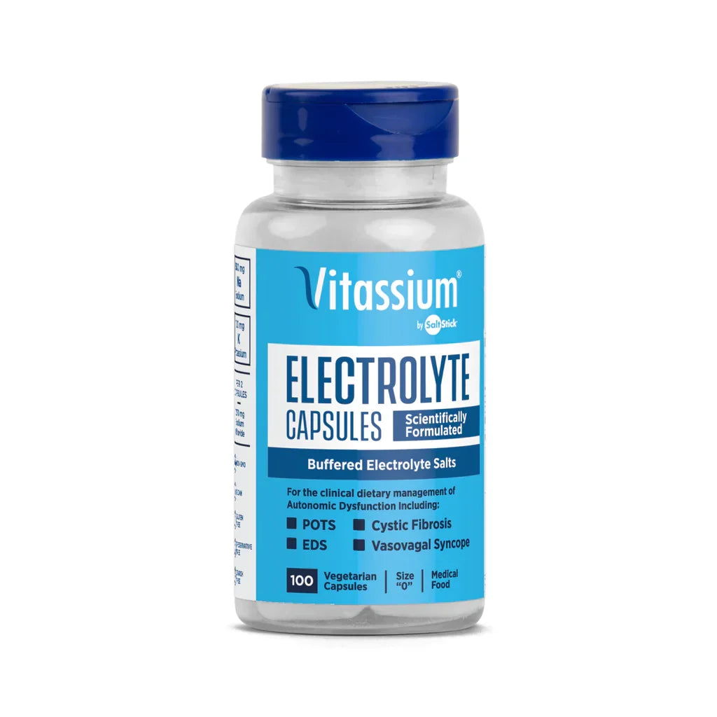 Vitassium Electrolyte Capsules supplement bottle with a blue cap and blue/white label, shown on a plain white background. - SaltStick Vitassium Capsules