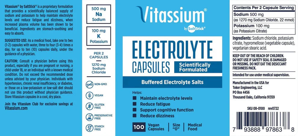 Vitassium Electrolyte Capsules supplement label showing blue and white packaging with text for sodium, potassium, calcium, and magnesium, plus a barcode and usage details. - SaltStick Vitassium Capsules