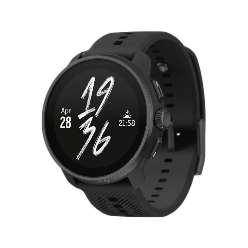 Black smartwatch with digital display on a white background - Suunto Race S Stainless Steel GPS Sports Watch - All Black