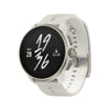A white smartwatch with a round silver bezel and a black digital display showing the time as 19:36, set against a plain white background. - Suunto Race S Stainless Steel GPS Sports Watch - Powder Grey - Powder Gray