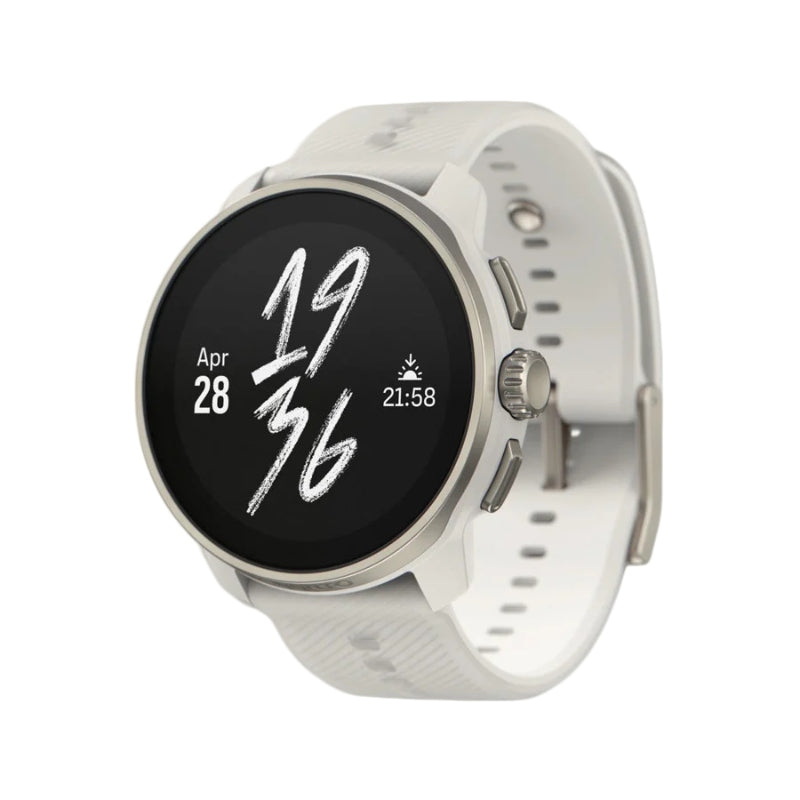 A white smartwatch with a round silver bezel and a black digital display showing the time as 19:36, set against a plain white background. - Suunto Race S Stainless Steel GPS Sports Watch - Powder Grey - Powder Gray