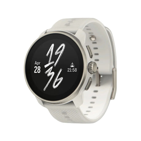 A white smartwatch with a round silver bezel and a black digital display showing the time as 19:36, set against a plain white background. - Suunto Race S Stainless Steel GPS Sports Watch - Powder Grey - Powder Gray