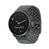 A dark gray smartwatch with a round black face and a perforated dark gray silicone strap, shown at an angle on a plain white background. - Suunto Race S Titanium GPS Sports Watch - Graphite