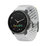 A smartwatch with a round black face and a light gray perforated silicone strap, shown on a plain white background. - Suunto Race S Titanium GPS Sports Watch - Canary