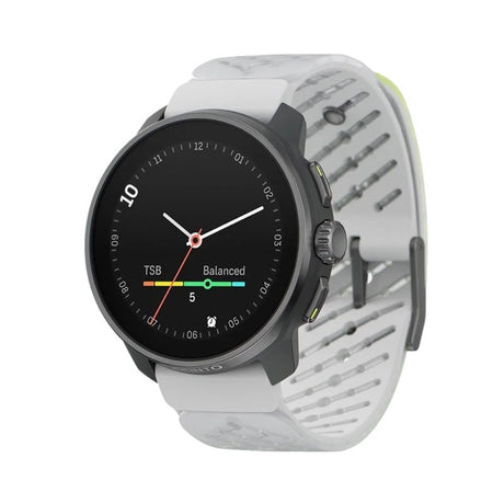 A smartwatch with a round black face and a light gray perforated silicone strap, shown on a plain white background. - Suunto Race S Titanium GPS Sports Watch - Canary