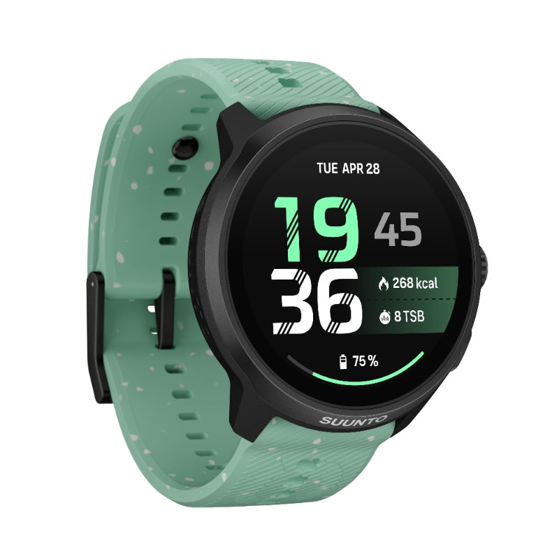A Suunto smartwatch with a black round case and a mint green speckled silicone strap, shown on a solid white background. - Suunto Run 2 GPS Sports Watch - Aloe Green