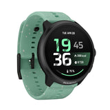 A Suunto smartwatch with a black round case and a mint green speckled silicone strap, shown on a solid white background. - Suunto Run 2 GPS Sports Watch - Aloe Green