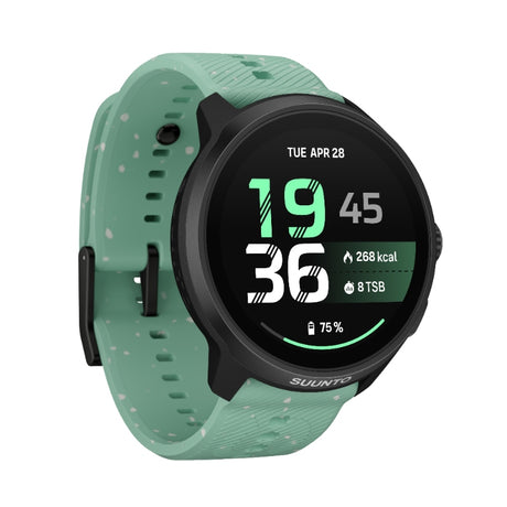A Suunto smartwatch with a black round case and a mint green speckled silicone strap, shown on a solid white background. - Suunto Run 2 GPS Sports Watch - Aloe Green