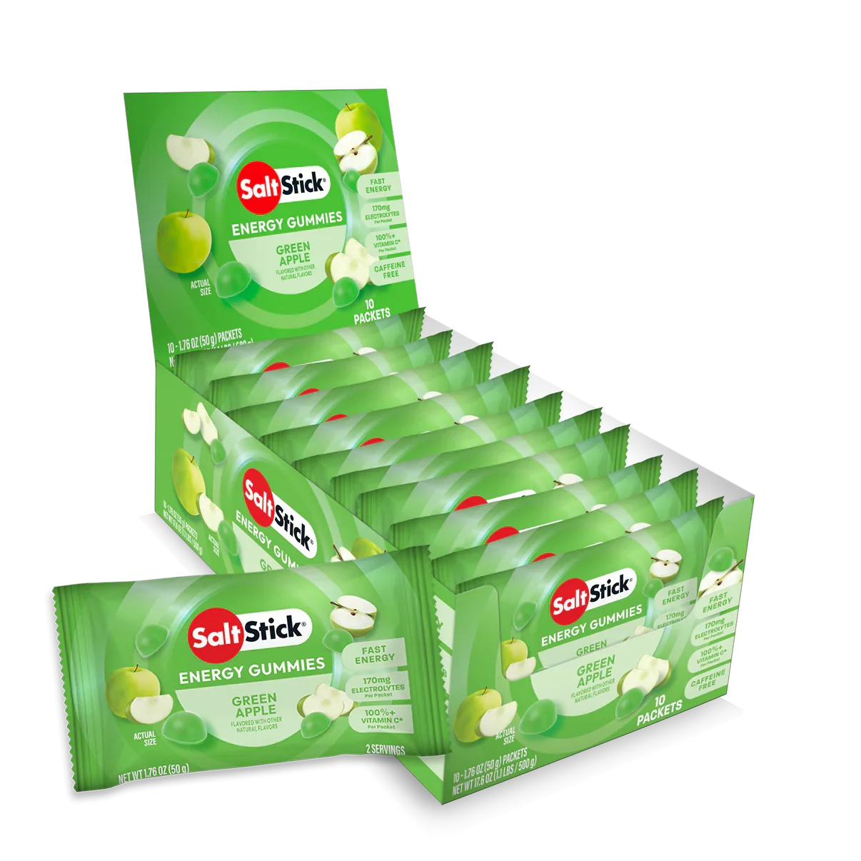 A retail display box of SaltsStick Energy Gummies in Green Apple flavor, with multiple individual packet packs arranged in front on a clean white background. - SaltStick Energy Gummies - Green Apple - 10 Pack