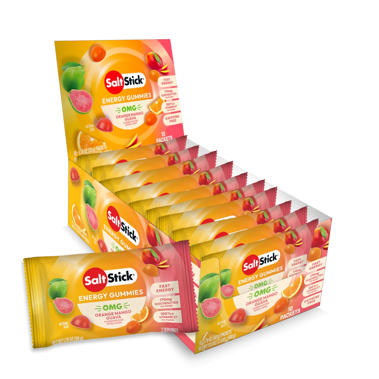 A retail display box and individual packets of SaltsStick Energy Gummies in orange flavor, arranged on a clean white background. - SaltStick Energy Gummies - OMG! Orange, Mango, Guava - 10 Pack