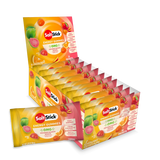 A retail display box and individual packets of SaltsStick Energy Gummies in orange flavor, arranged on a clean white background. - SaltStick Energy Gummies - OMG! Orange, Mango, Guava - 10 Pack