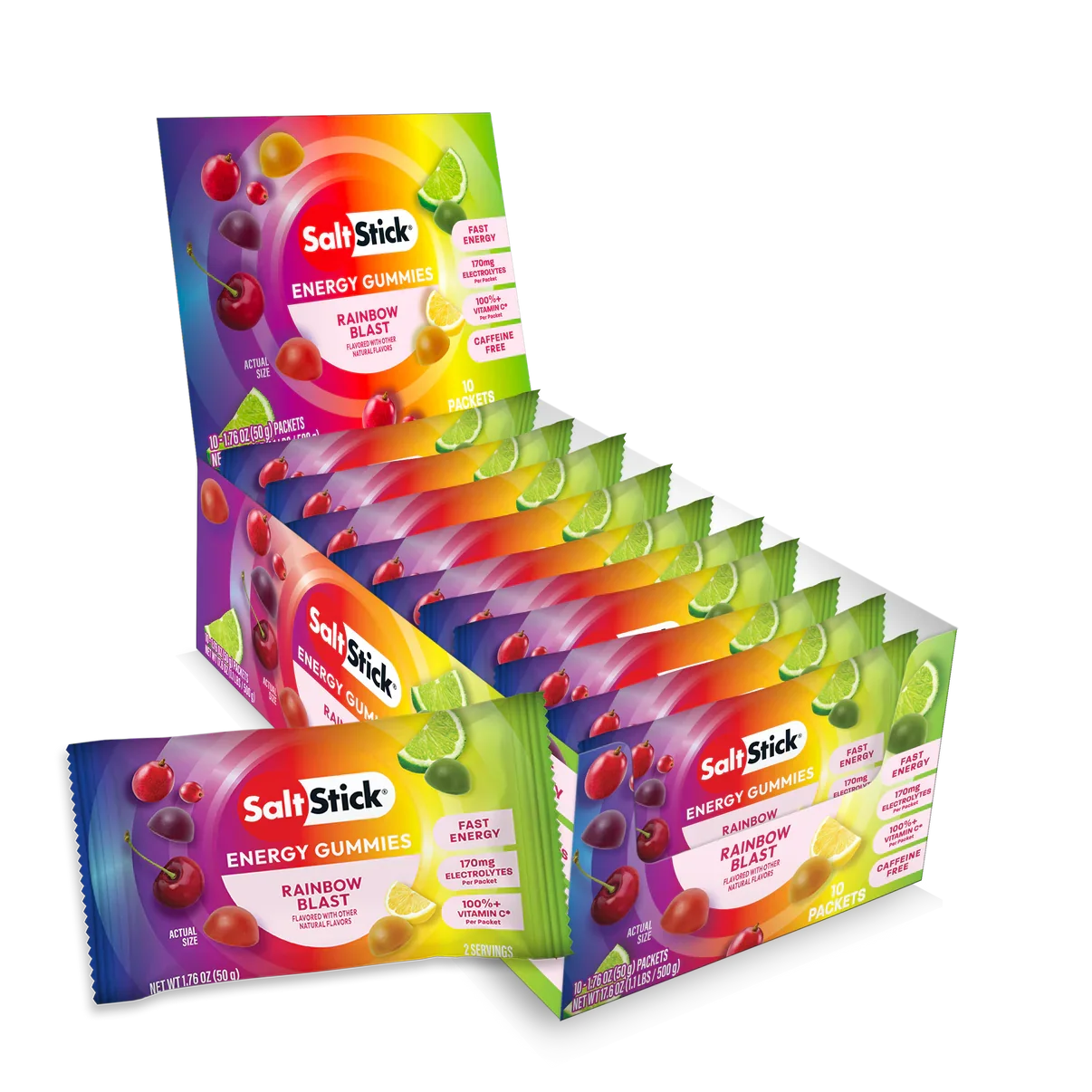 A retail display box and individual packets of SaltsStick Energy Gummies Rainbow Blast flavor, showing colorful packaging with illustrations of cherries, lime, and grapefruit on a white background. - SaltStick Energy Gummies - OMG! Rainbow Blast - 10 Pack