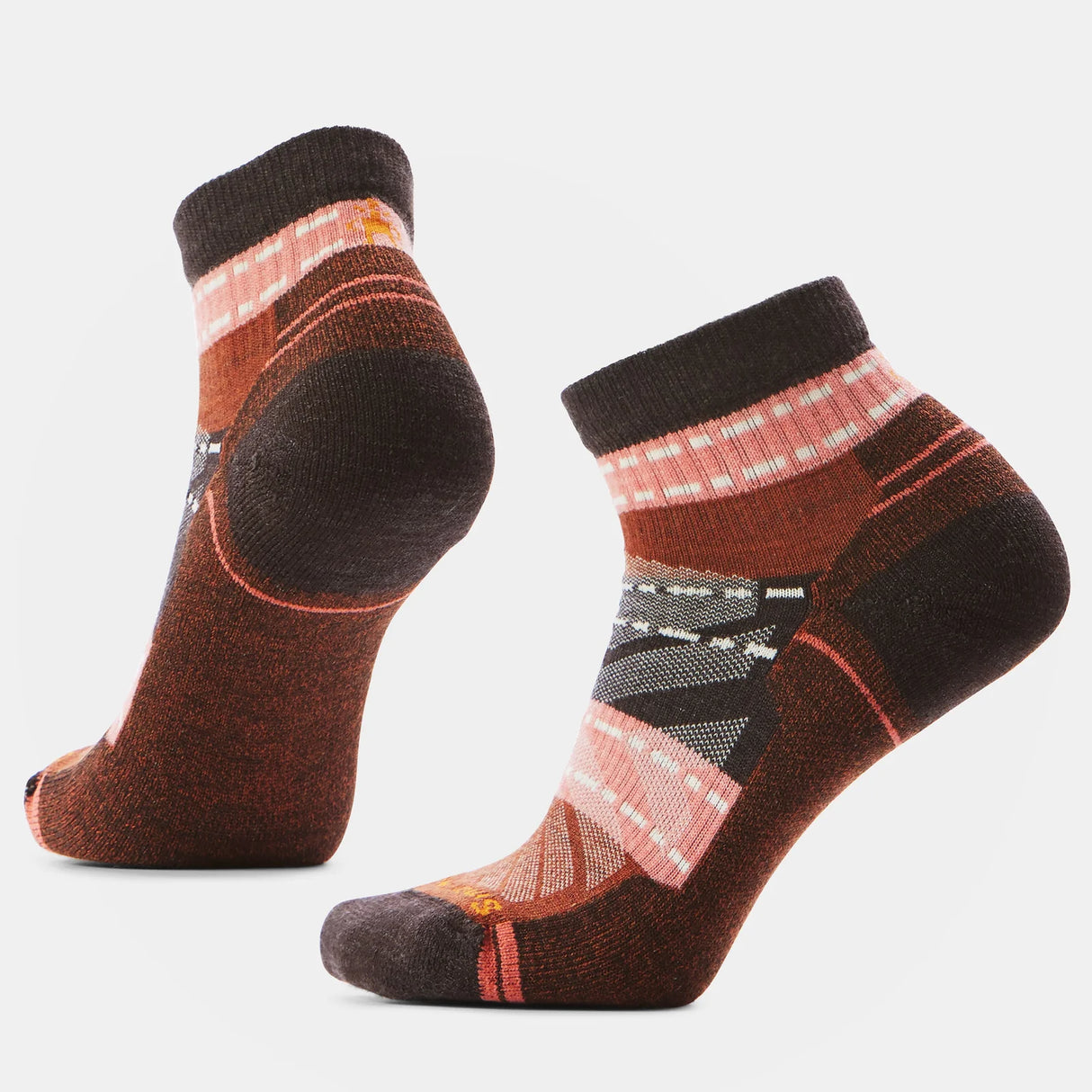 Pair of brown and black patterned socks on a light gray background - Smartwool Hike Margarita Light Cushion Ankle Socks (Women's) - Chestnut