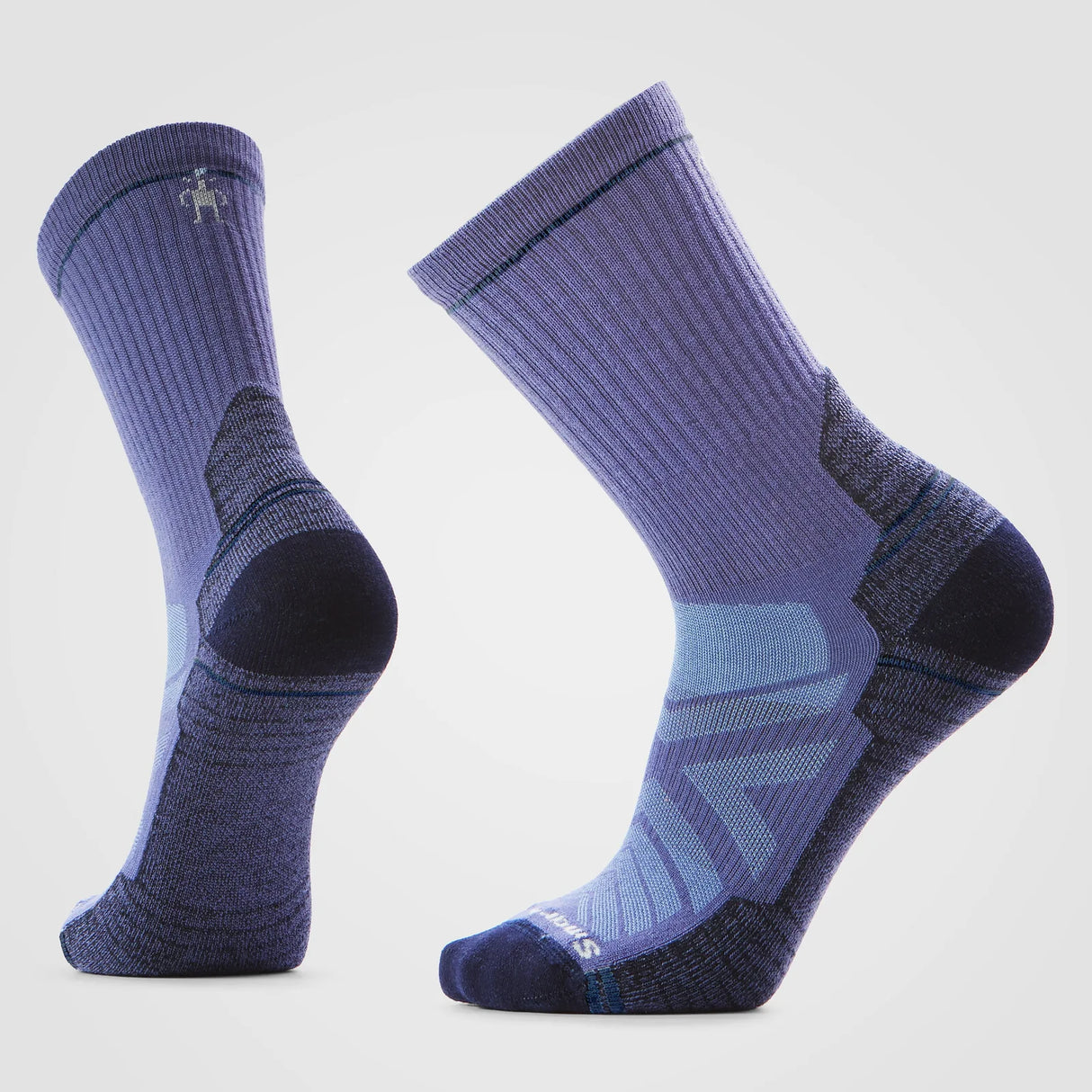 Pair of purple socks with a logo on a light gray background - Smartwool Hike Light Cushion Crew Socks (Unisex) - Nightfall Blue
