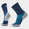 Pair of blue and gray socks on a light gray background - Smartwool Run Targeted Cushion Mid Crew Socks (Unisex) - Deep Navy