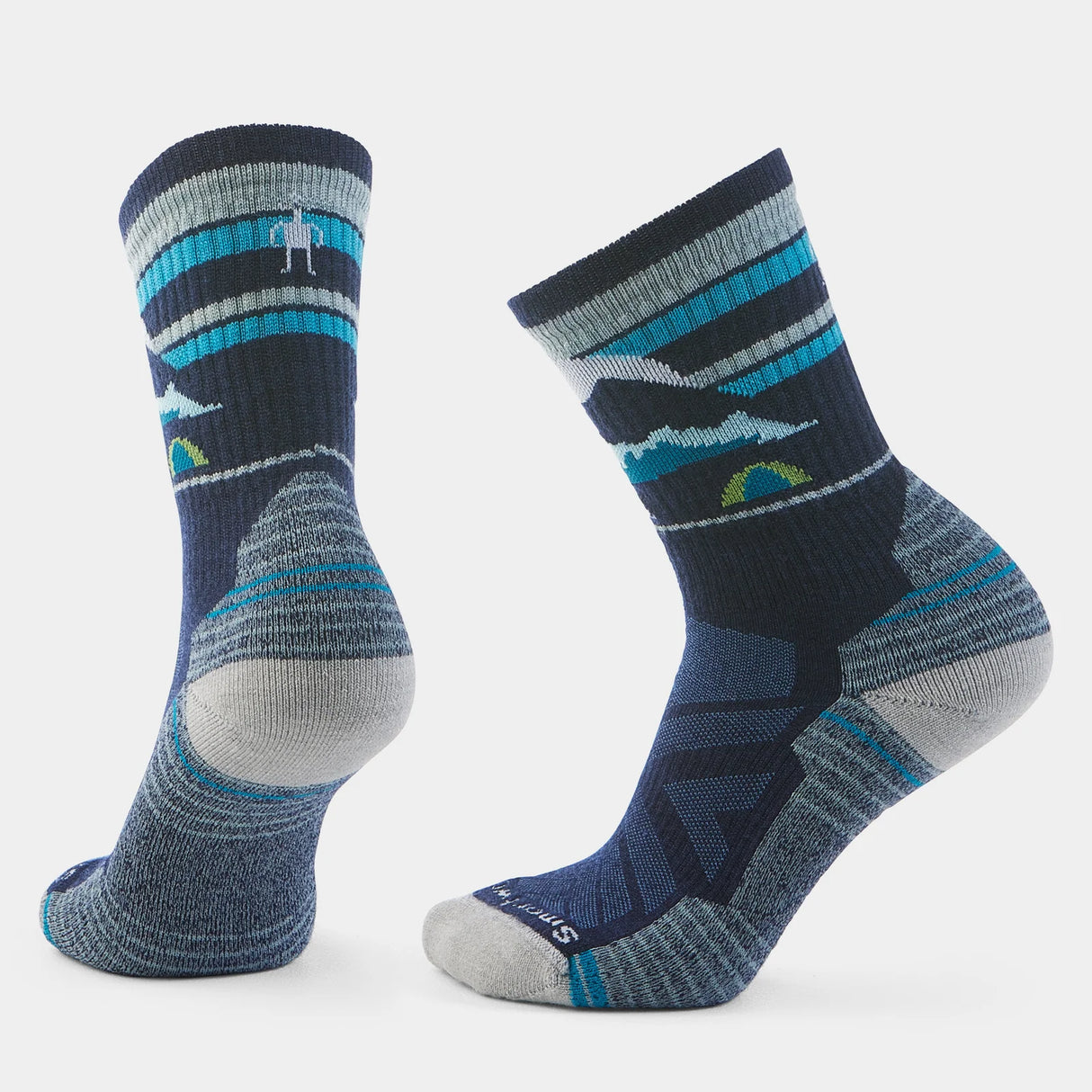 Pair of blue and gray patterned socks on a white background - Smartwool Hike Mountain Moon Light Cushion Crew Socks (Women's) - Deep Navy