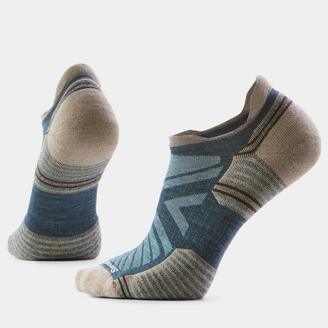 Pair of blue and brown ankle socks on a light gray background - Smartwool Hike Targeted Cushion Low Ankle Socks (Unisex) - Twilight Blue