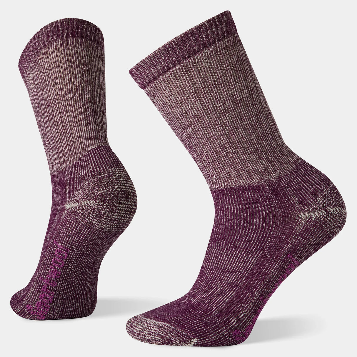 Pair of purple and gray socks on a light gray background - Smartwool Hike Classic Edition Full Cushion Crew Socks (Women's) - Bordeaux