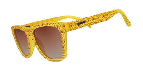 goodr Scusi Coming Through Yellow sunglasses with decorative pattern on a white background