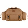 A tan Fjälör outdoor duffel bag with side pockets, front utility straps, and a brown leather logo patch on a white background. - Fjällräven Singi Hip Pack 10 - Khaki Dust