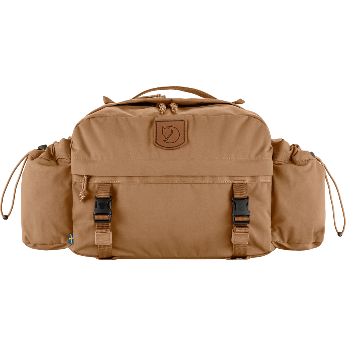 A tan Fjälör outdoor duffel bag with side pockets, front utility straps, and a brown leather logo patch on a white background. - Fjällräven Singi Hip Pack 10 - Khaki Dust