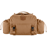 A tan Fjälör outdoor duffel bag with side pockets, front utility straps, and a brown leather logo patch on a white background. - Fjällräven Singi Hip Pack 10 - Khaki Dust