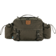 An olive green Fjälleväl outdoor bag with a brown leather brand patch on the front, side pockets, and adjustable buckle straps, shown against a plain white background. - Fjällräven Singi Hip Pack 10 - Dark Olive