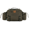 An olive green Fjälleväl outdoor bag with a brown leather brand patch on the front, side pockets, and adjustable buckle straps, shown against a plain white background. - Fjällräven Singi Hip Pack 10 - Dark Olive