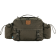 An olive green Fjälleväl outdoor bag with a brown leather brand patch on the front, side pockets, and adjustable buckle straps, shown against a plain white background. - Fjällräven Singi Hip Pack 10 - Dark Olive