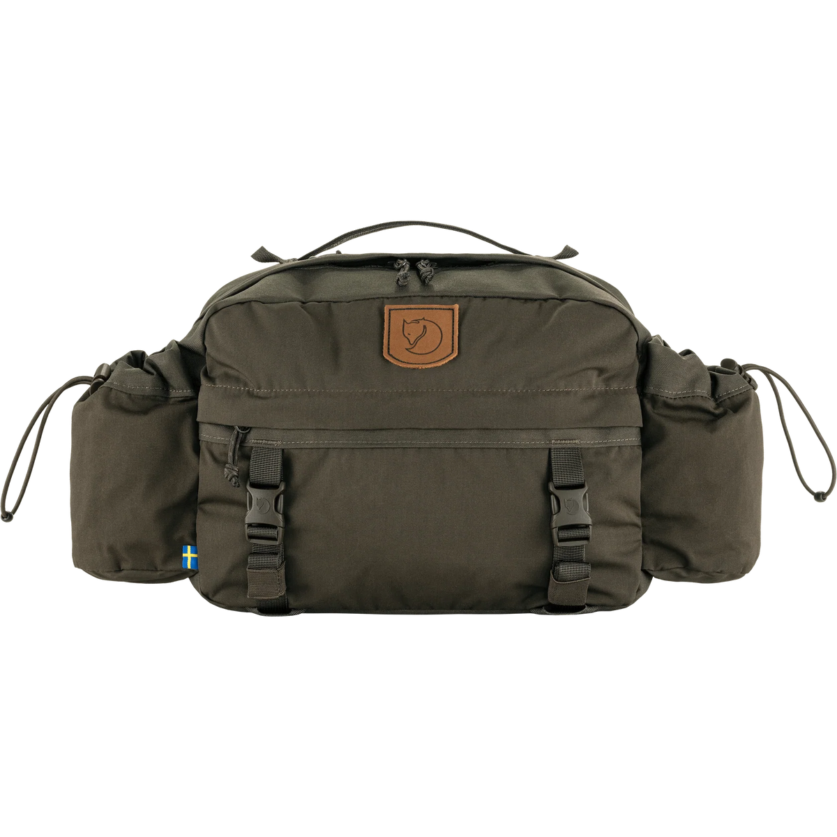 An olive green Fjälleväl outdoor bag with a brown leather brand patch on the front, side pockets, and adjustable buckle straps, shown against a plain white background. - Fjällräven Singi Hip Pack 10 - Dark Olive