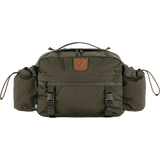 An olive green Fjälleväl outdoor bag with a brown leather brand patch on the front, side pockets, and adjustable buckle straps, shown against a plain white background. - Fjällräven Singi Hip Pack 10 - Dark Olive