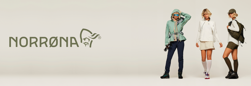 3 girls dressed in norrøna outdoor apparel and the norrøna logo dipslayed in the left side of the picture