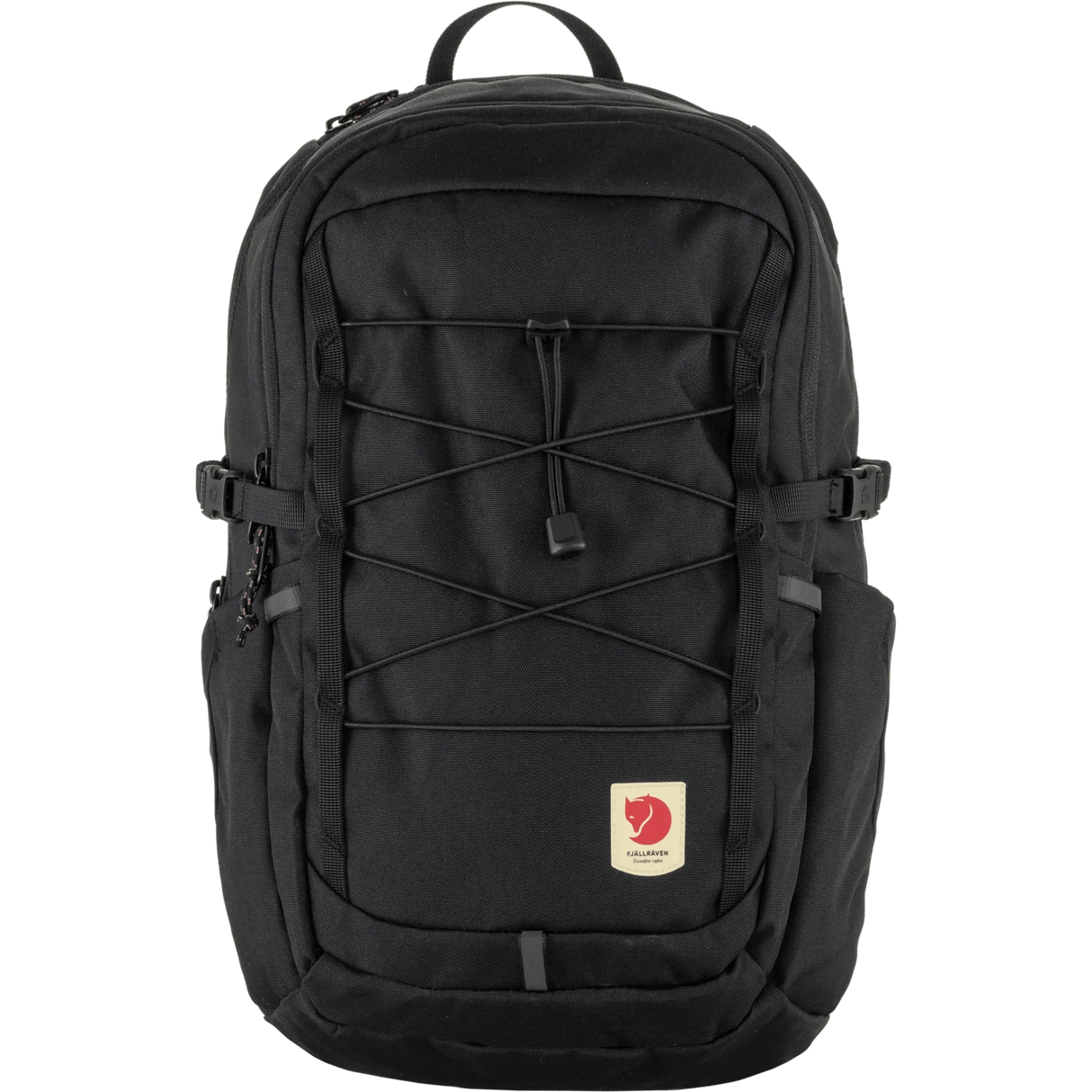 A black Fjälör backpack with multiple zippered compartments, compression straps, and a signature red heart logo patch on the front pocket, shown against a plain white background. - Fjällräven Skule 20 Backpack - Black