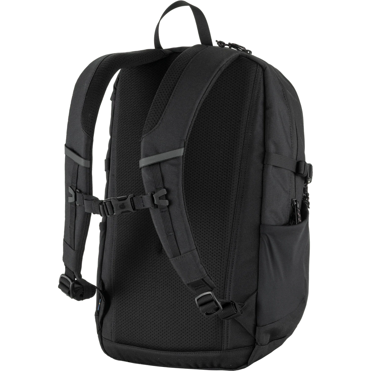 A black backpack shown from the back view, featuring padded shoulder straps, a breathable mesh back panel, side pockets, and adjustable buckle straps, set against a plain white background. - Fjällräven Skule 20 Backpack - Black