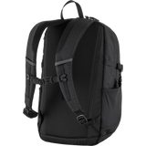 A black backpack shown from the back view, featuring padded shoulder straps, a breathable mesh back panel, side pockets, and adjustable buckle straps, set against a plain white background. - Fjällräven Skule 20 Backpack - Black