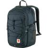 A Fjälleväl backpack in dark navy blue, featuring multiple zippered compartments, a front webbing strap system, and a side pocket, shown against a plain white background. - Fjällräven Skule 20 Backpack - Navy