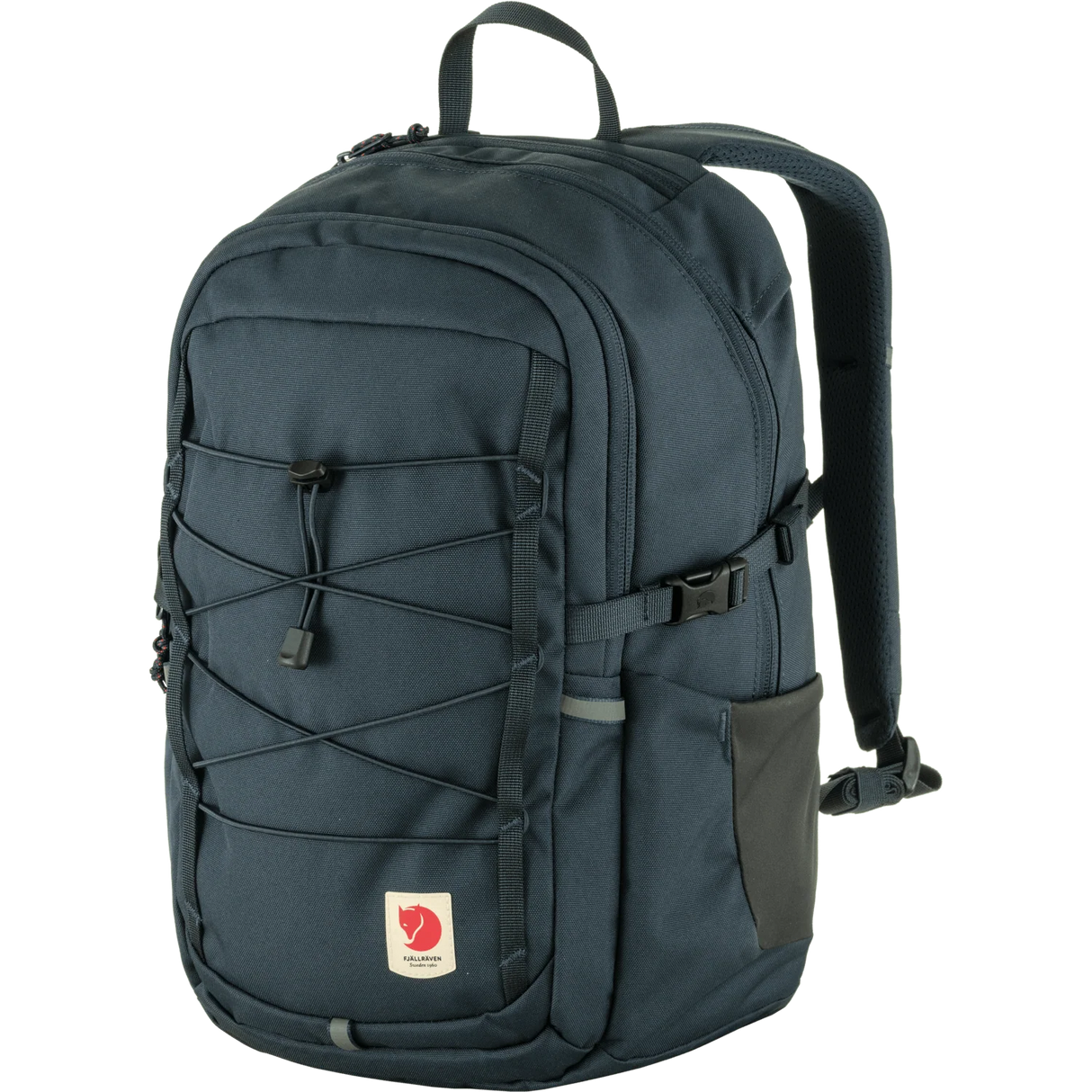 A Fjälleväl backpack in dark navy blue, featuring multiple zippered compartments, a front webbing strap system, and a side pocket, shown against a plain white background. - Fjällräven Skule 20 Backpack - Navy