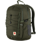 Fjälleväl outdoor backpack in olive green with a dark gray side pocket, front compression straps, and a Fjälleväl logo patch on the lower front, shown on a plain white background. - Fjällräven Skule 20 Backpack - Deep Forest