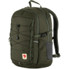 Fjälleväl outdoor backpack in olive green with a dark gray side pocket, front compression straps, and a Fjälleväl logo patch on the lower front, shown on a plain white background. - Fjällräven Skule 20 Backpack - Deep Forest