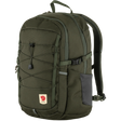 Fjälleväl outdoor backpack in olive green with a dark gray side pocket, front compression straps, and a Fjälleväl logo patch on the lower front, shown on a plain white background. - Fjällräven Skule 20 Backpack - Deep Forest