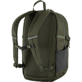 An olive green tactical backpack shown from the back, featuring a breathable mesh back panel, padded shoulder straps, side compression straps, and a dark gray side pocket, set against a plain white background. - Fjällräven Skule 20 Backpack - Deep Forest