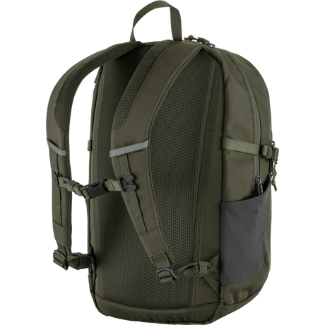 An olive green tactical backpack shown from the back, featuring a breathable mesh back panel, padded shoulder straps, side compression straps, and a dark gray side pocket, set against a plain white background. - Fjällräven Skule 20 Backpack - Deep Forest