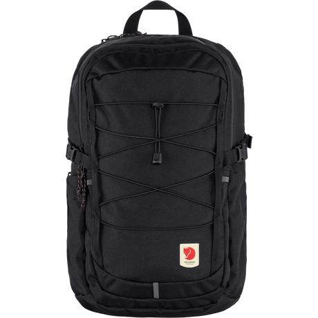 Black backpack with a visible brand logo on a transparent background - Fjällräven Skule 28 Backpack - Black