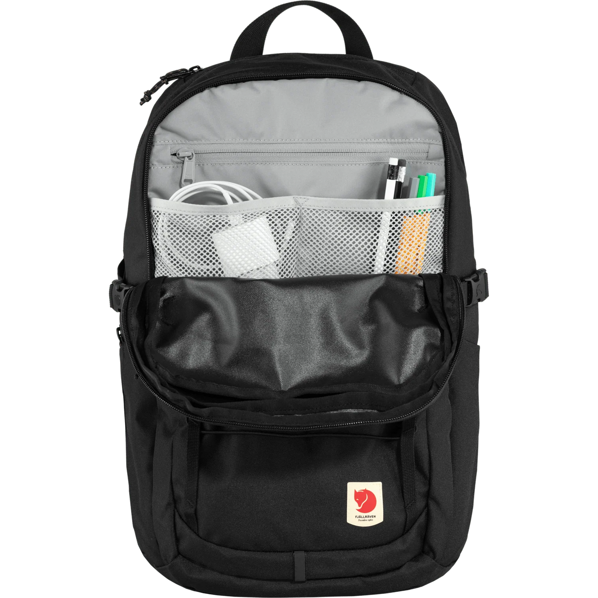 Black backpack with compartments and visible brand logo on a white background - Fjällräven Skule 28 Backpack - Black