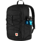 A black Fjälör backpack with a side water bottle pocket containing a blue water bottle, shown against a plain white background. - Fjällräven Skule 28 Backpack - Black
