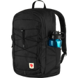 A black Fjälör backpack with a side water bottle pocket containing a blue water bottle, shown against a plain white background. - Fjällräven Skule 28 Backpack - Black