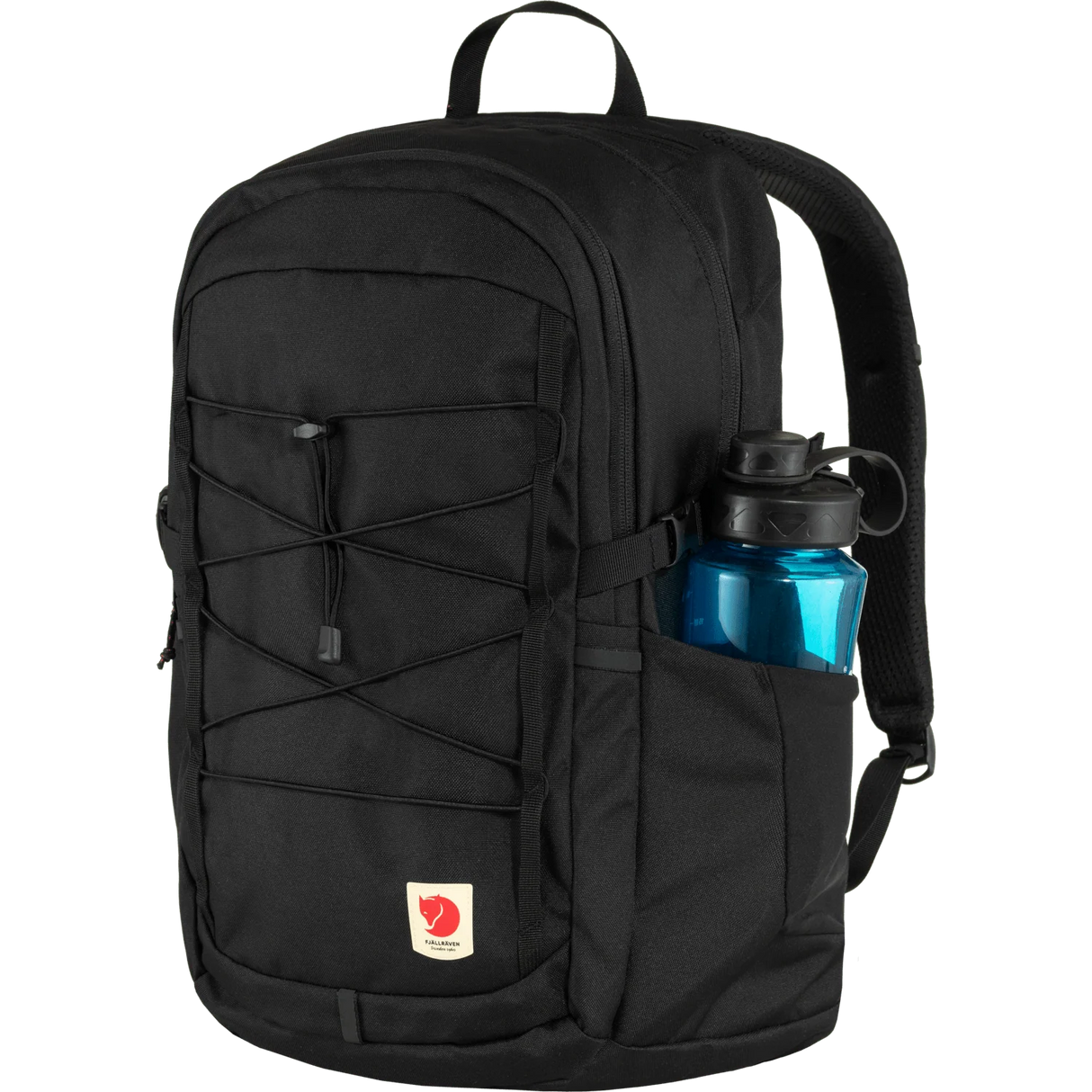 A black Fjälör backpack with a side water bottle pocket containing a blue water bottle, shown against a plain white background. - Fjällräven Skule 28 Backpack - Black