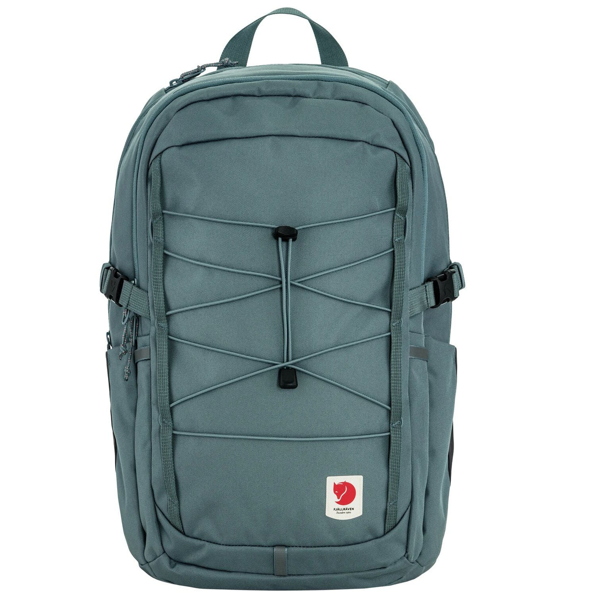 Teal backpack with a brand logo on a white background - Fjällräven Skule 28 Backpack - Nimbus Blue
