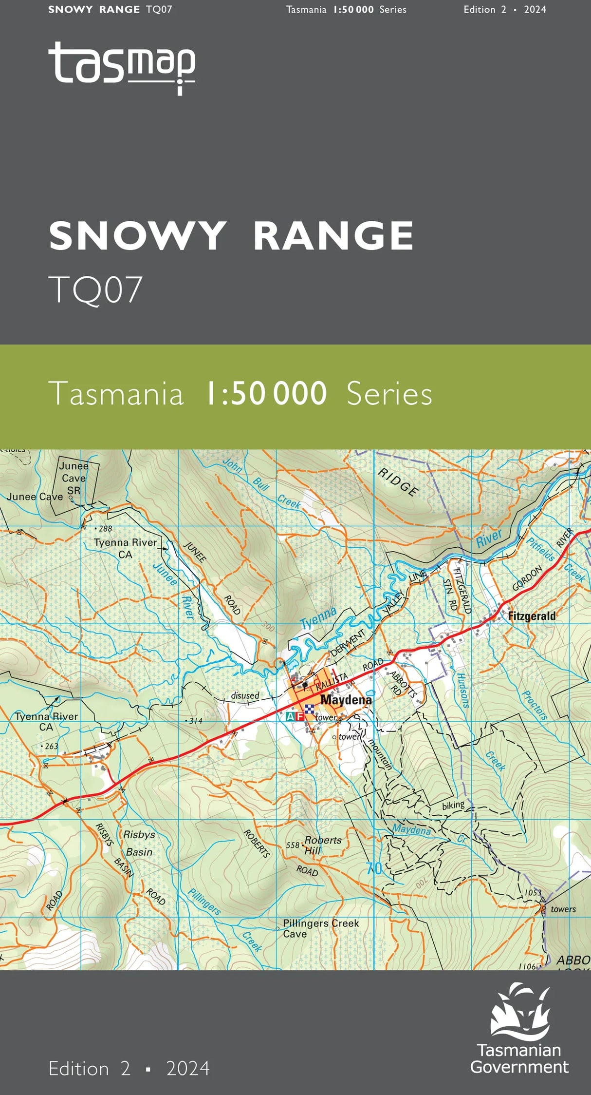 Front cover of a Tasmap Snowy Range TQ07 map booklet, showing the Tasmanian 1:50,000 Series title, a dark gray header with the Tasmap logo, and a central topographic map of the snowy range. - Tasmap 1:50000 Topographic/Cadastral Maps - Snowy Range